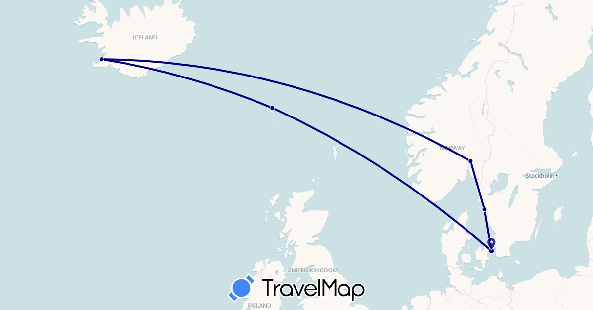 TravelMap itinerary: driving in Denmark, Faroe Islands, Iceland, Norway, Sweden (Europe)